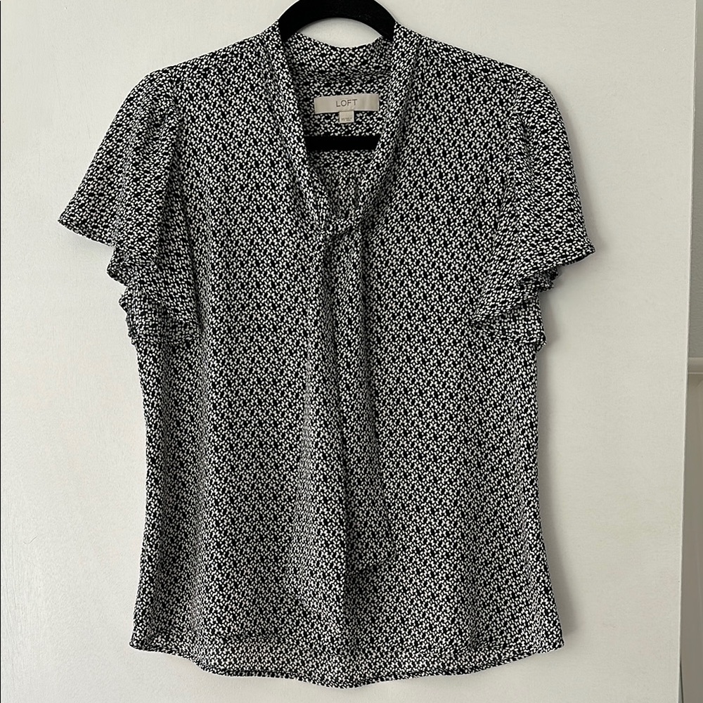 Ann Taylor Loft Flutter Sleeve Bow Tie Blouse in navy